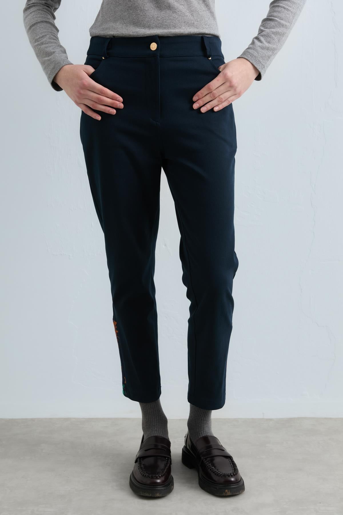 Gabardine Trousers with Jacquard Side Trim - Navy Blue