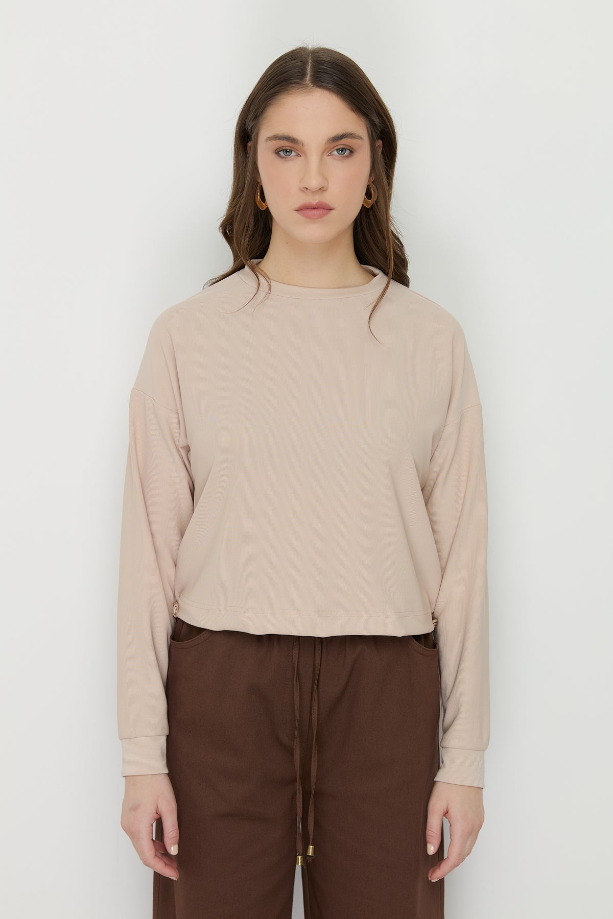 Yanları Stoperli Basic Crop Örme Bluz - Bej