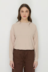 Basic Crop Knit Blouse with Side Stoppers - Beige