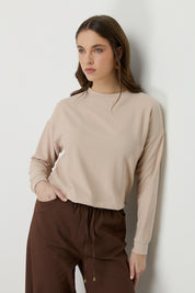Basic Crop Knit Blouse with Side Stoppers - Beige