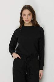Yanları Stoperli Basic Crop Örme Bluz - Siyah