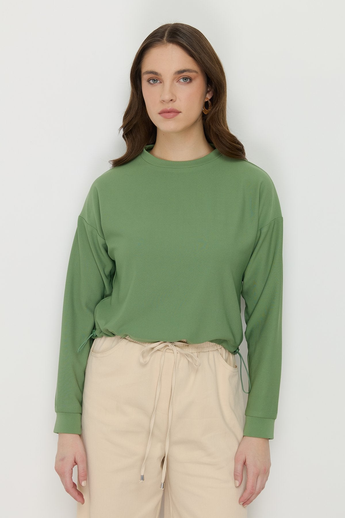 Yanları Stoperli Basic Crop Örme Bluz - Yeşil