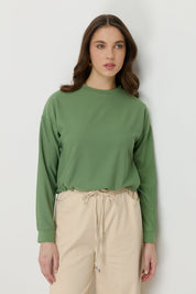 Basic Crop Knit Blouse with Side Stoppers - Green
