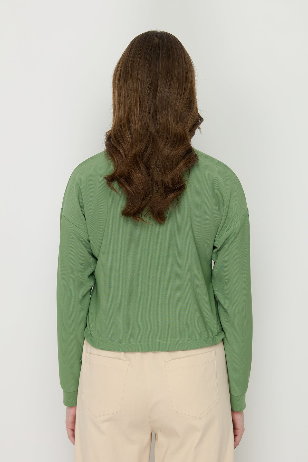 Basic Crop Knit Blouse with Side Stoppers - Green