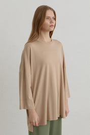 Yanları Yırtmaçlı Oversize Basic Örme Rayon Bluz - Bej