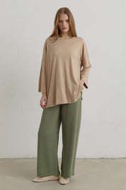 Yanları Yırtmaçlı Oversize Basic Örme Rayon Bluz - Bej