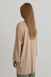 Yanları Yırtmaçlı Oversize Basic Örme Rayon Bluz - Bej