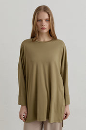 Yanları Yırtmaçlı Oversize Basic Örme Rayon Bluz - Haki