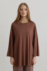 Yanları Yırtmaçlı Oversize Basic Örme Rayon Bluz - Kahve