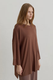 Yanları Yırtmaçlı Oversize Basic Örme Rayon Bluz - Kahve