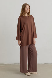 Yanları Yırtmaçlı Oversize Basic Örme Rayon Bluz - Kahve
