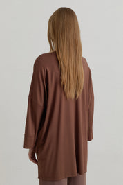 Yanları Yırtmaçlı Oversize Basic Örme Rayon Bluz - Kahve