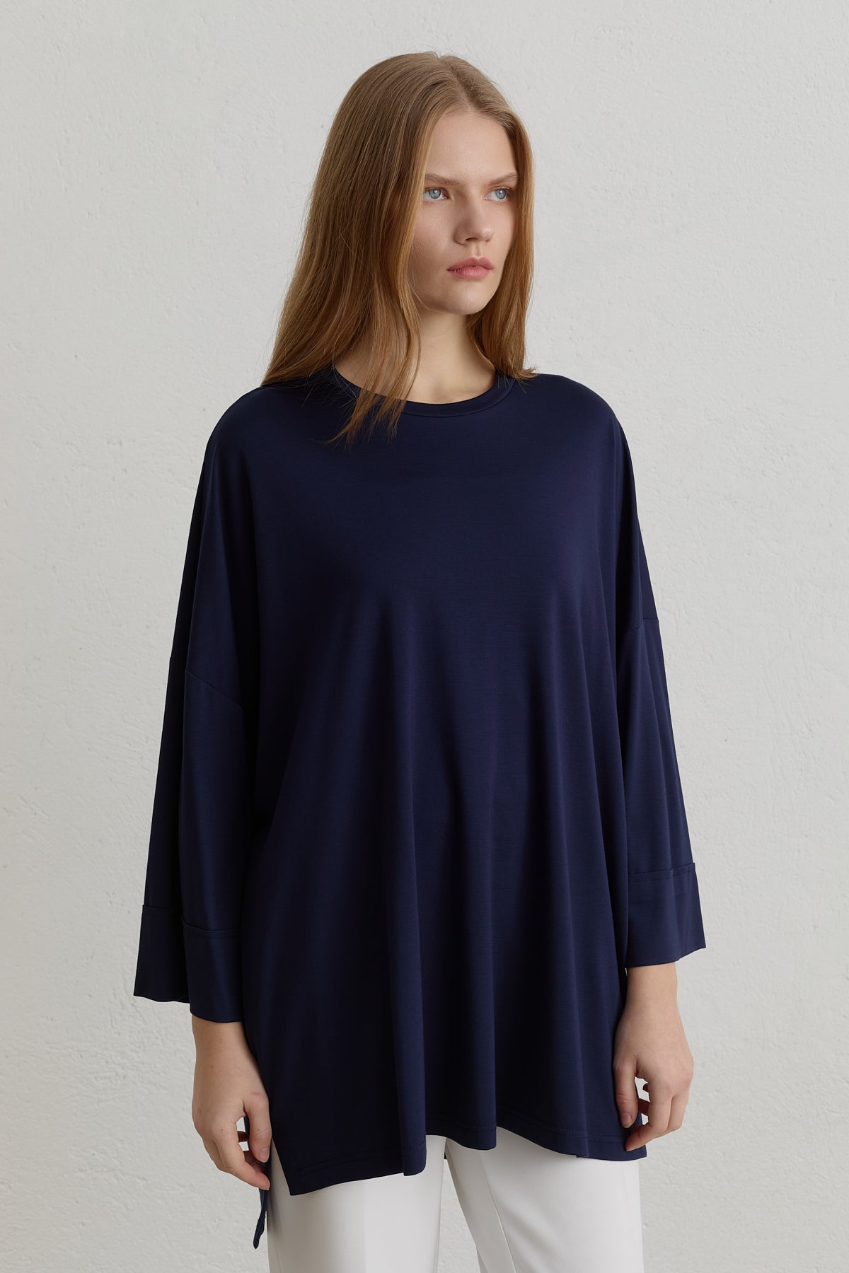 Yanları Yırtmaçlı Oversize Basic Örme Rayon Bluz - Lacivert