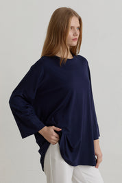 Yanları Yırtmaçlı Oversize Basic Örme Rayon Bluz - Lacivert