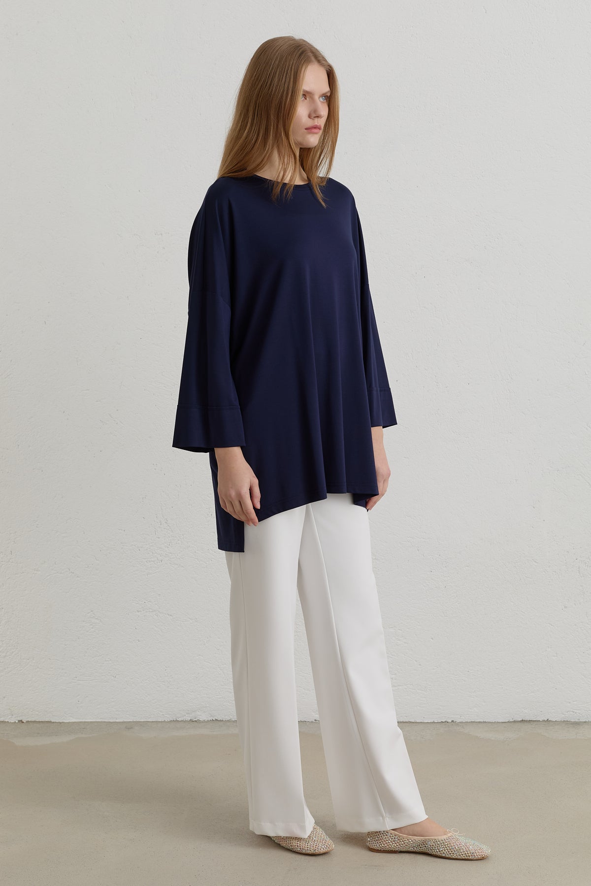 Yanları Yırtmaçlı Oversize Basic Örme Rayon Bluz - Lacivert