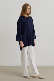 Yanları Yırtmaçlı Oversize Basic Örme Rayon Bluz - Lacivert