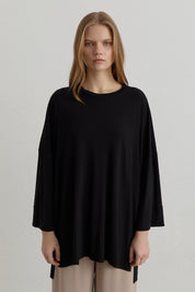 Yanları Yırtmaçlı Oversize Basic Örme Rayon Bluz - Siyah