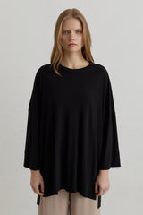Yanları Yırtmaçlı Oversize Basic Örme Rayon Bluz - Siyah