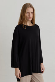 Yanları Yırtmaçlı Oversize Basic Örme Rayon Bluz - Siyah