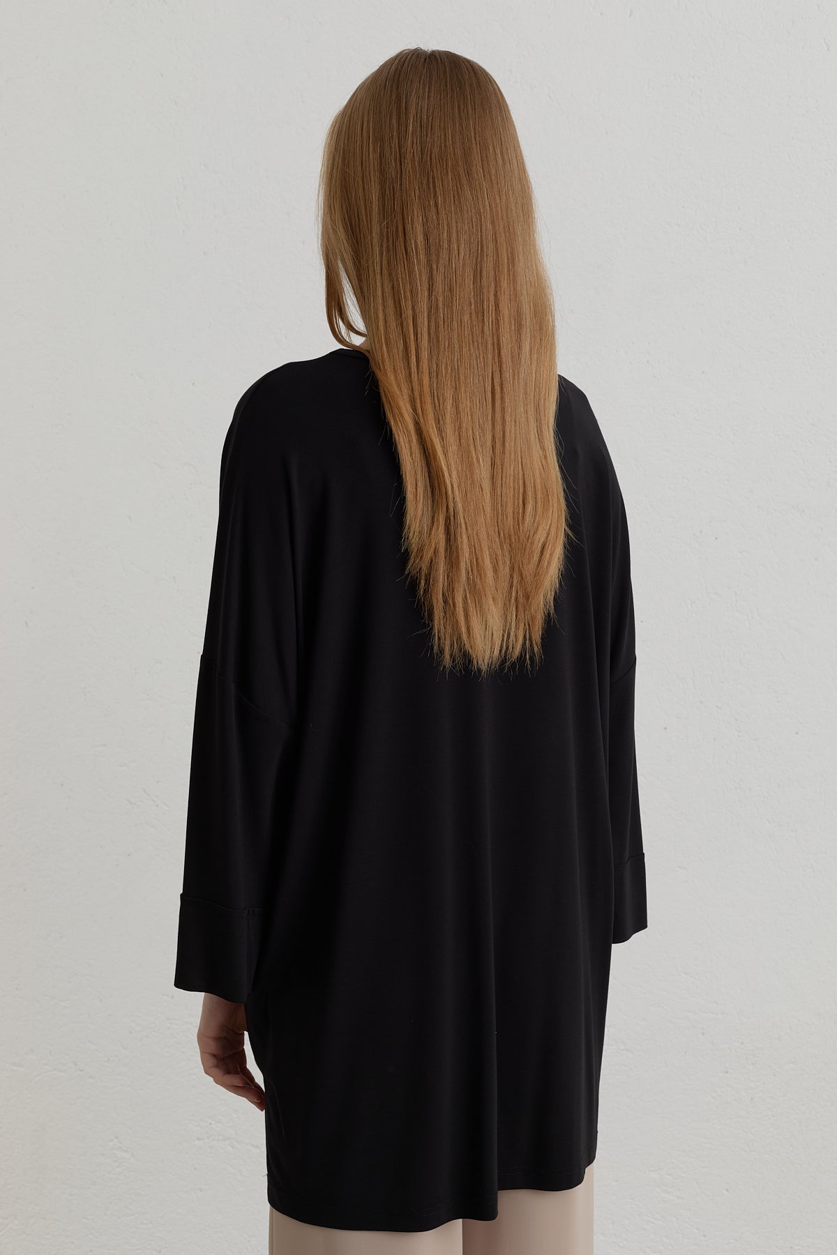 Yanları Yırtmaçlı Oversize Basic Örme Rayon Bluz - Siyah