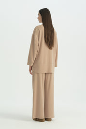 Yanları Yırtmaçlı Pantolon Lyocell Takım - Camel