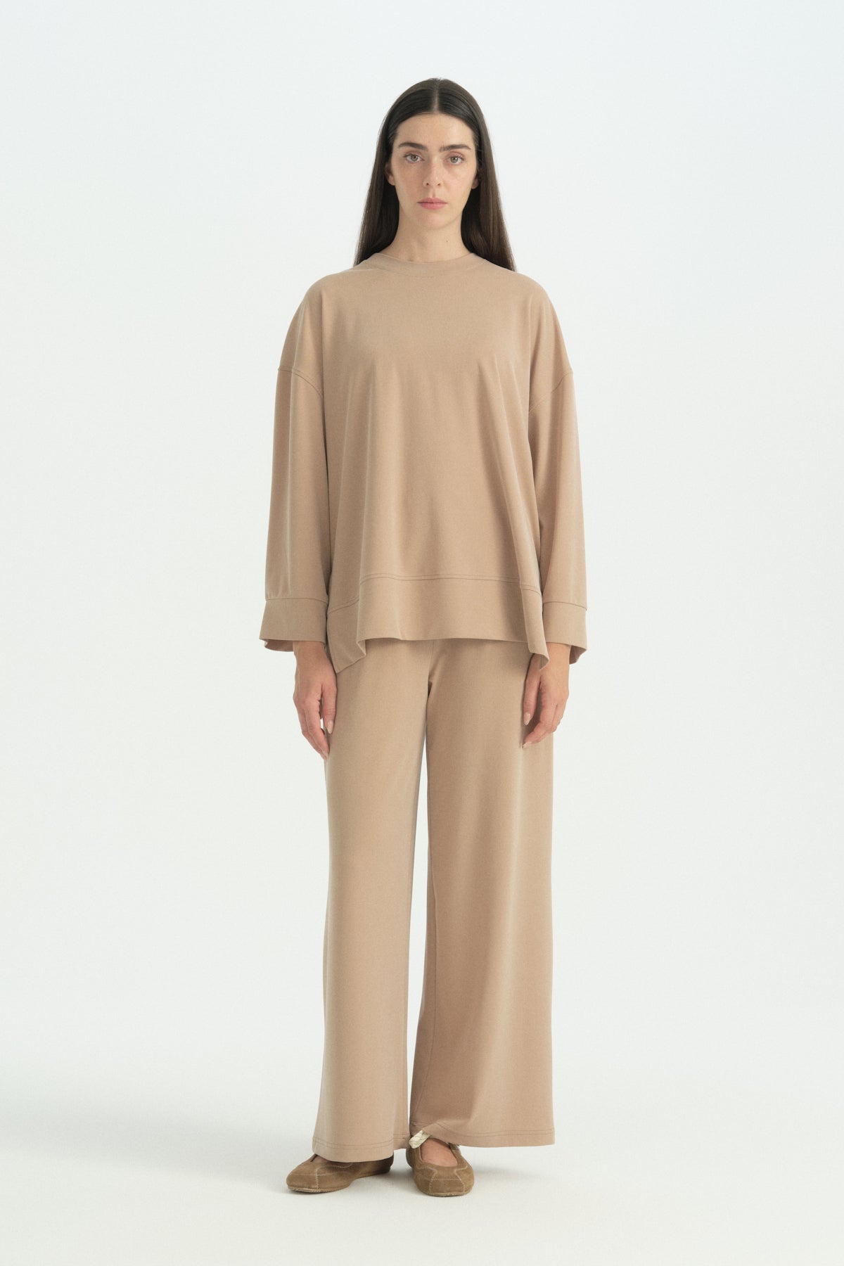 Yanları Yırtmaçlı Pantolon Lyocell Takım - Camel