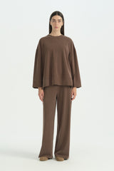Lyocell Set with Slit-Side Trousers - Coffee