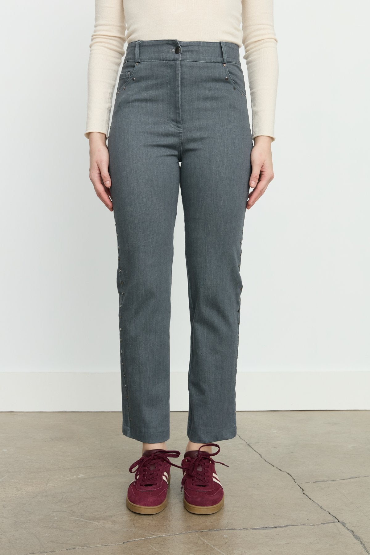 Yanları Zımbalı Düz Paça Denim Pantolon - Füme