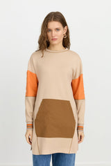 Side Slit Fabric Mix Knit Sweatshirt - Camel
