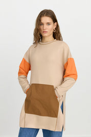 Side Slit Fabric Mix Knit Sweatshirt - Camel