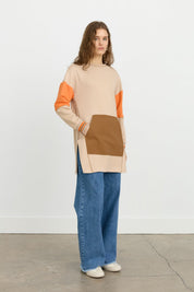 Side Slit Fabric Mix Knit Sweatshirt - Camel