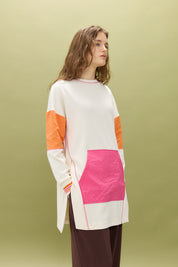 Side Slit Fabric Mix Knit Sweatshirt - Ecru