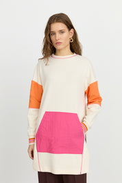 Side Slit Fabric Mix Knit Sweatshirt - Ecru