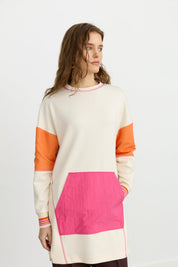 Side Slit Fabric Mix Knit Sweatshirt - Ecru
