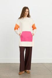 Side Slit Fabric Mix Knit Sweatshirt - Ecru