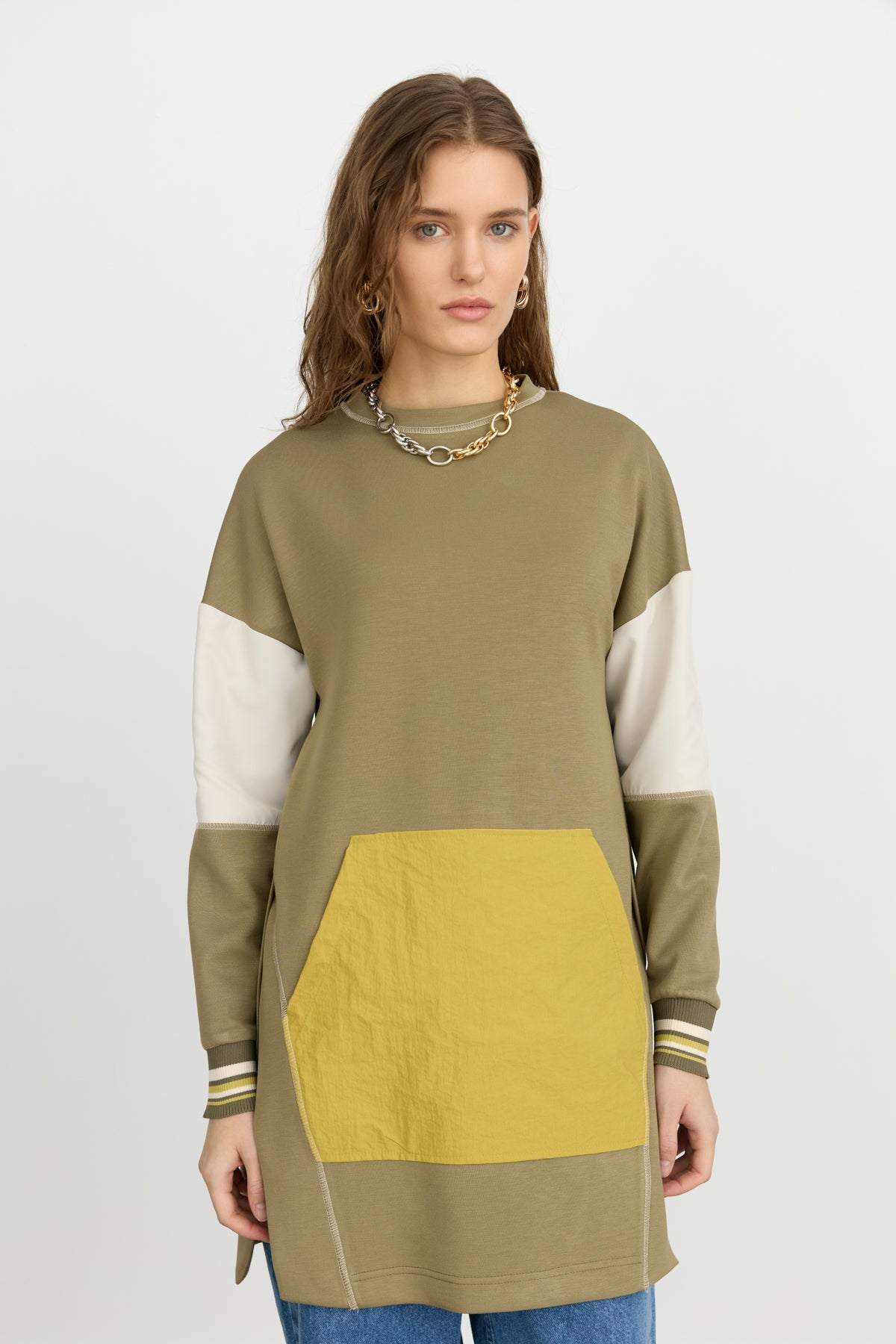 Yanlı Yırtmaçlı Kumaş Mixli Örme Sweat - Haki