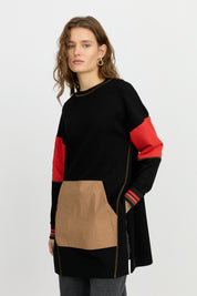 Yanlı Yırtmaçlı Kumaş Mixli Örme Sweat - Siyah