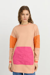 Asymmetrical Slit Fabric-Mix Knit Sweatshirt - Salmon