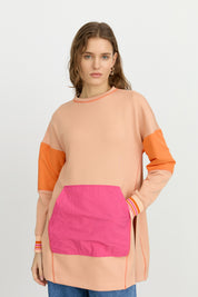 Asymmetrical Slit Fabric-Mix Knit Sweatshirt - Salmon