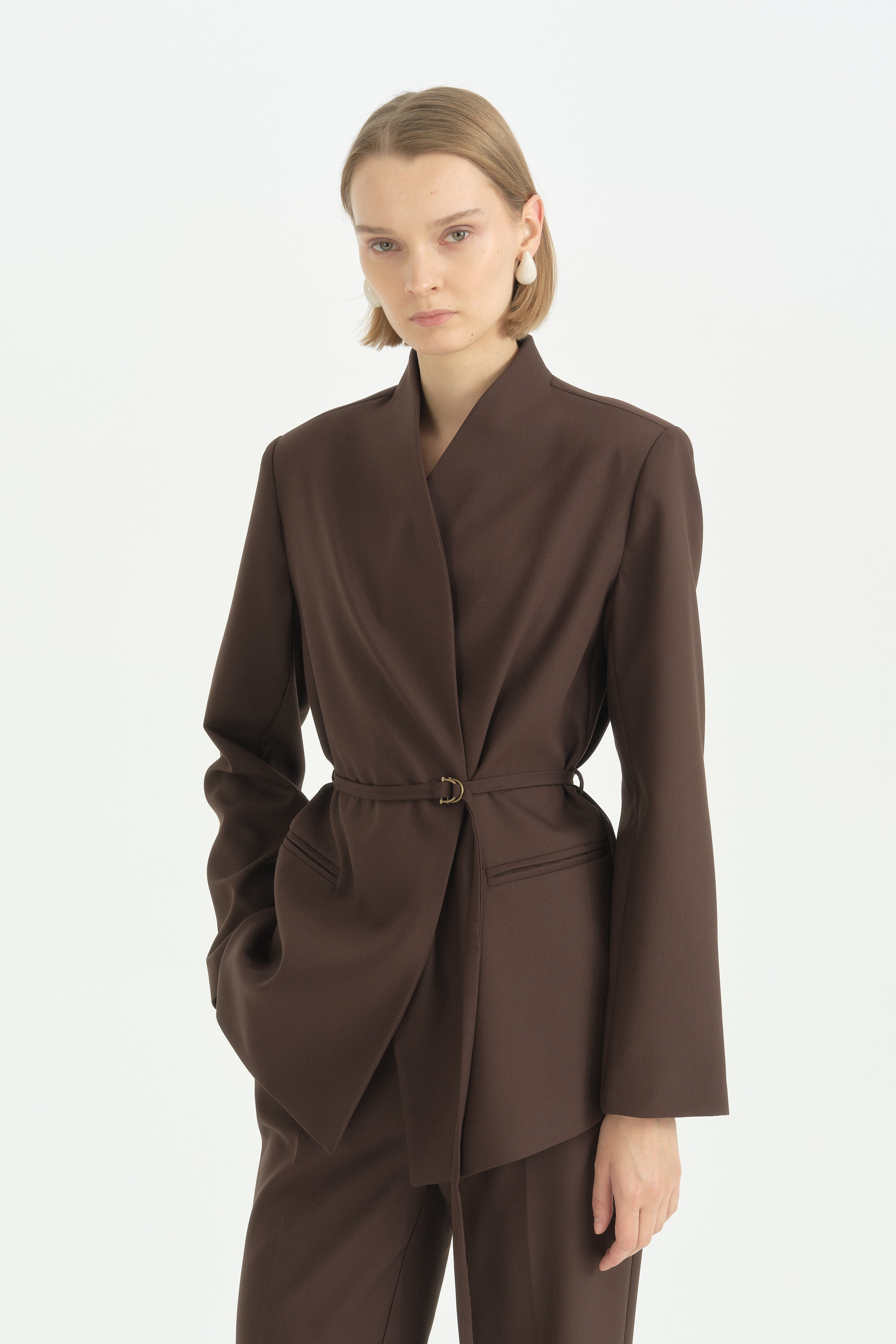 Yarım Dik Yaka Kuşaklı Blazer - Kahve