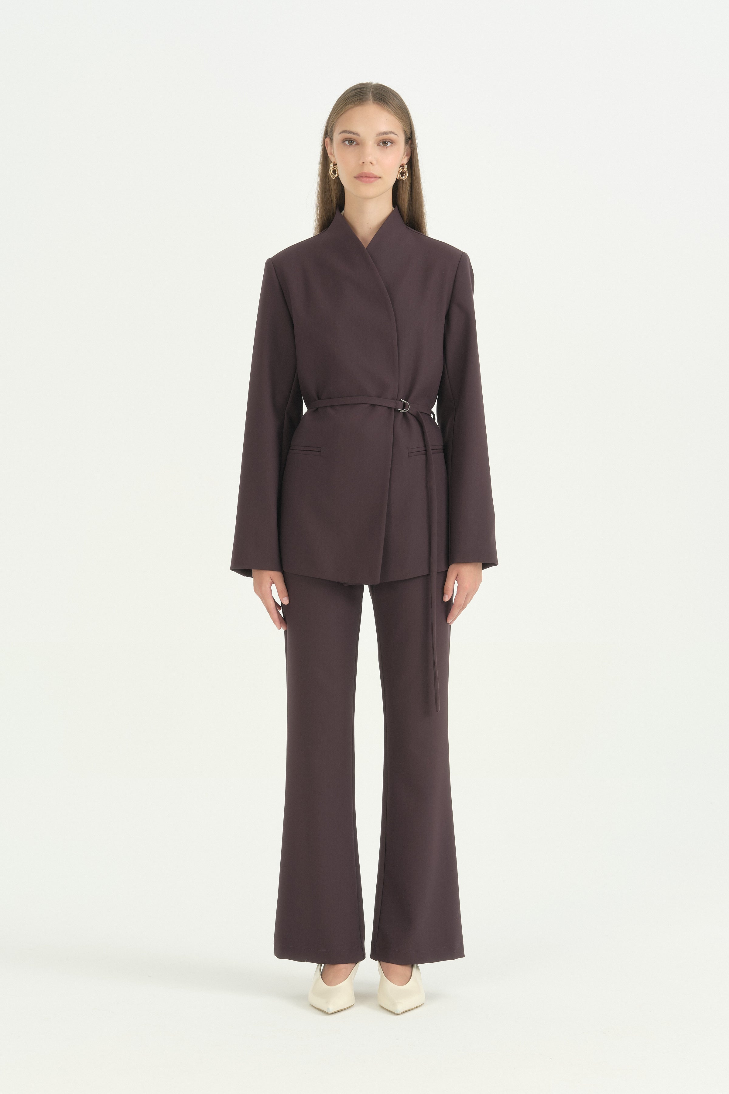 Yarım Dik Yaka Kuşaklı Blazer - Mürdüm