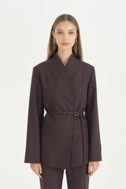 Yarım Dik Yaka Kuşaklı Blazer - Mürdüm