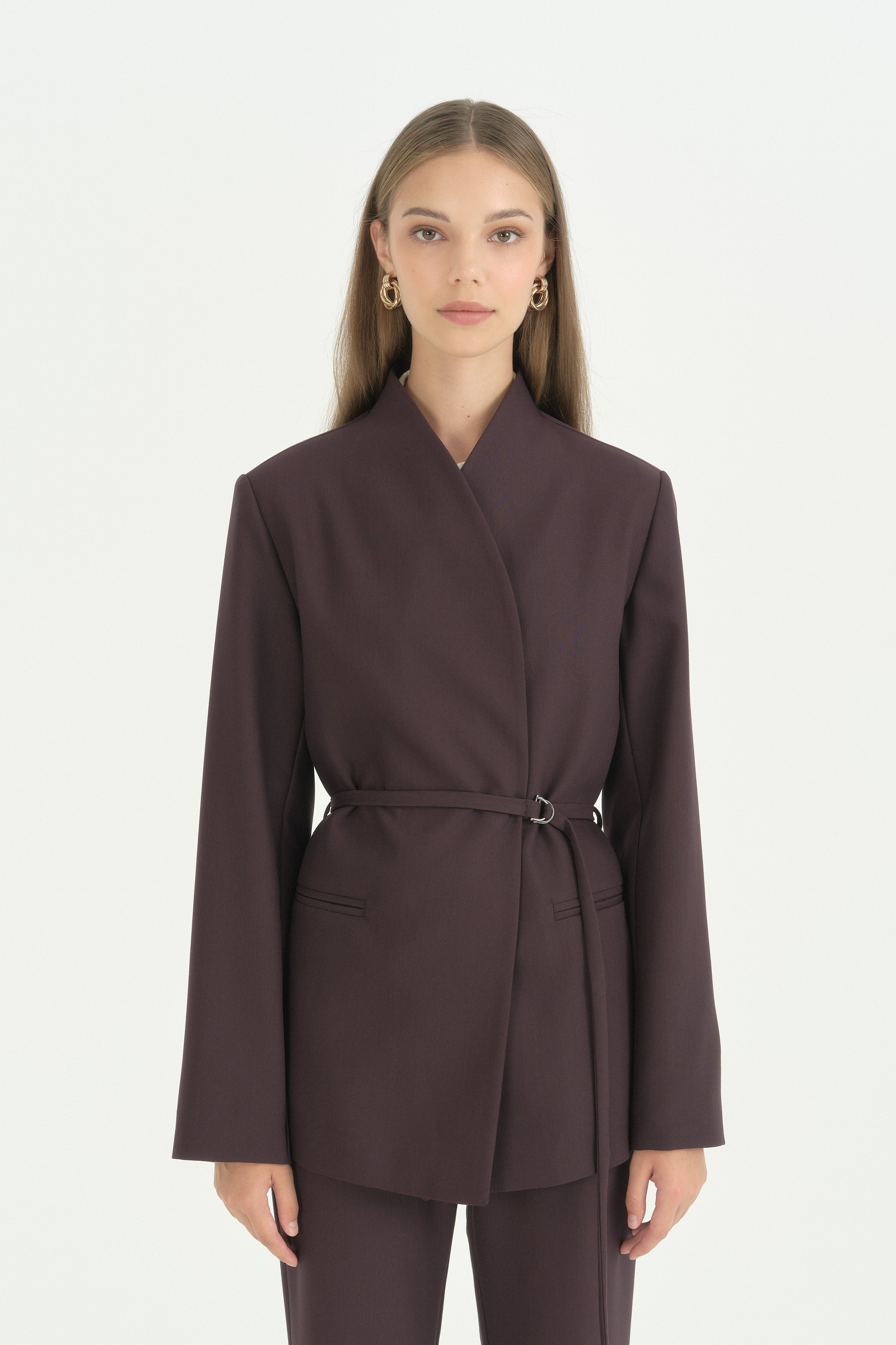 Yarım Dik Yaka Kuşaklı Blazer - Mürdüm