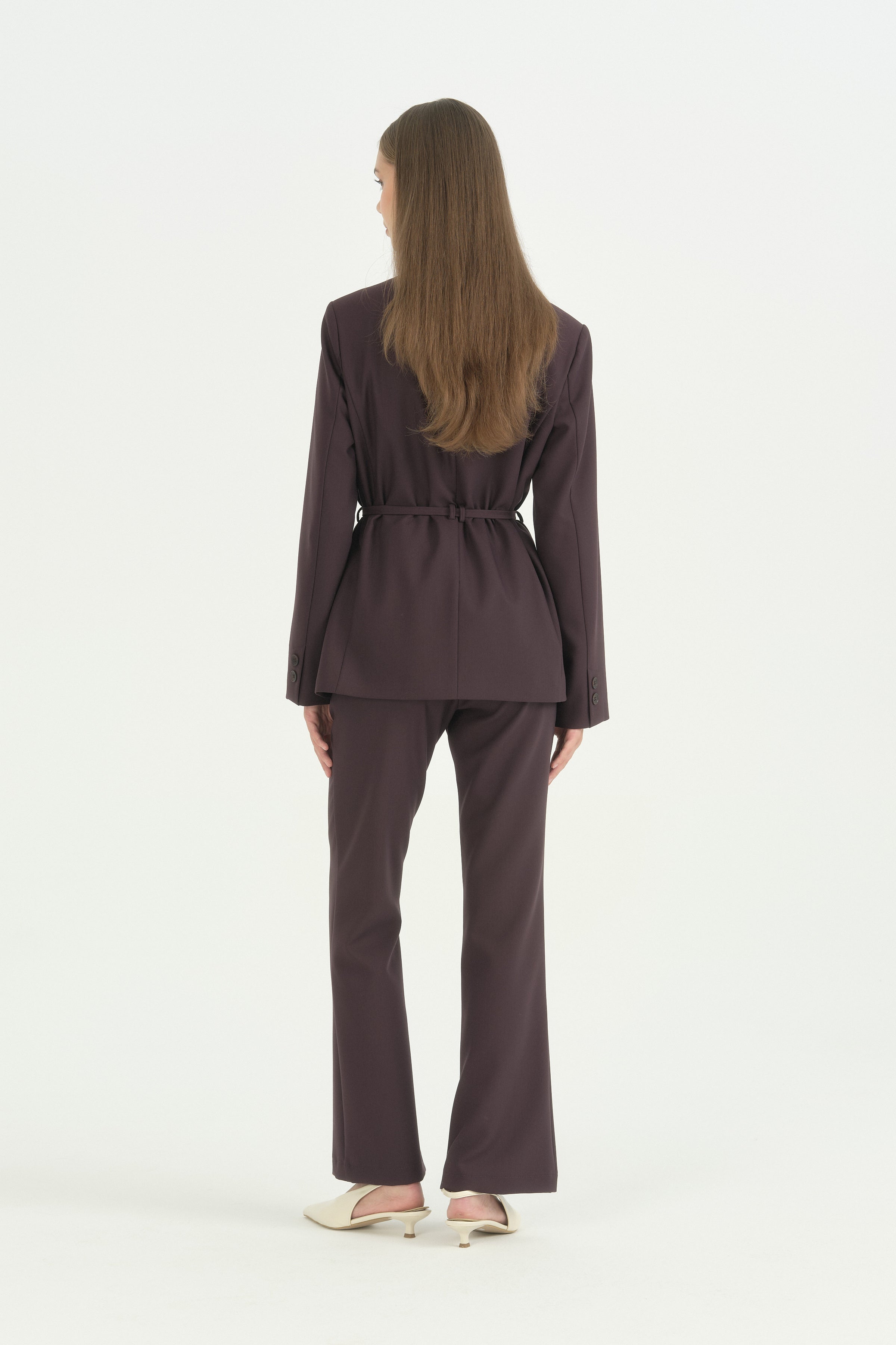 Yarım Dik Yaka Kuşaklı Blazer - Mürdüm
