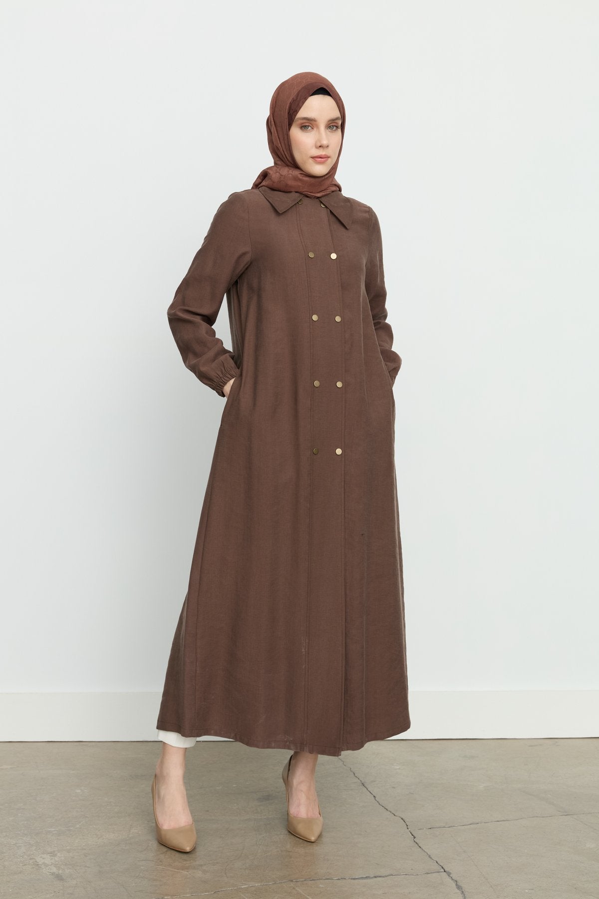 Half Double-Breasted Tencel Trench Coat - Coffee