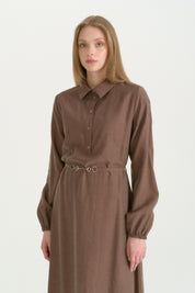 Half-Buttoned Belted Lyocell Dress - Brown