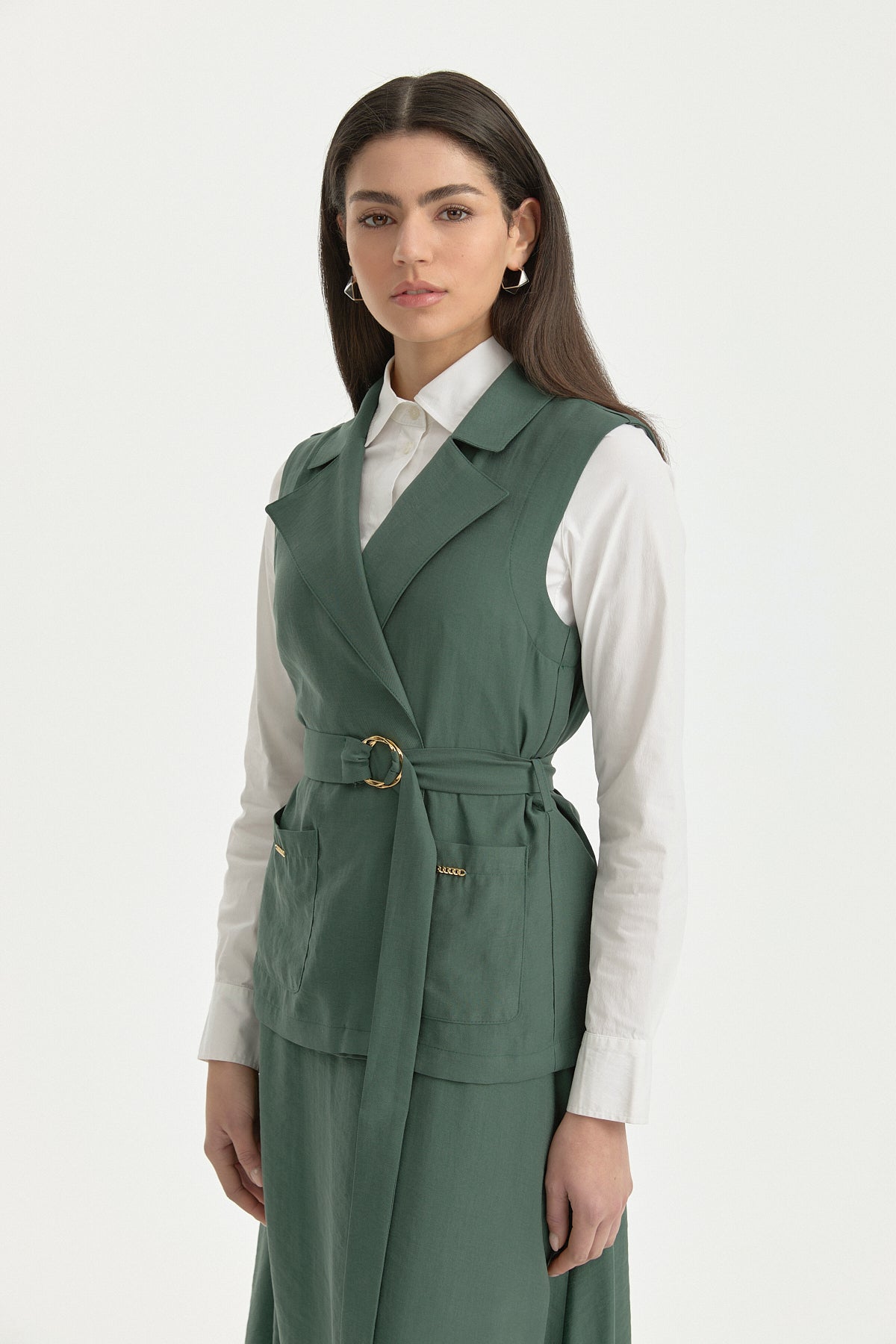 Lyocell Set with Waistcoat and Tie-Waist Skirt - Emerald