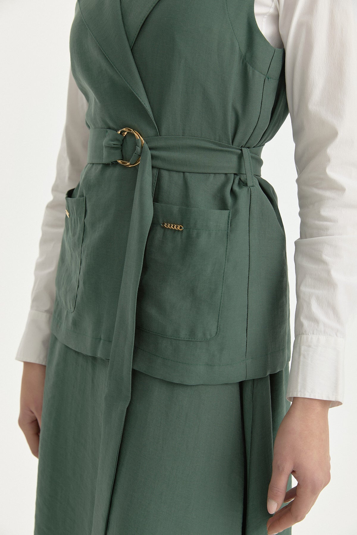 Lyocell Set with Waistcoat and Tie-Waist Skirt - Emerald