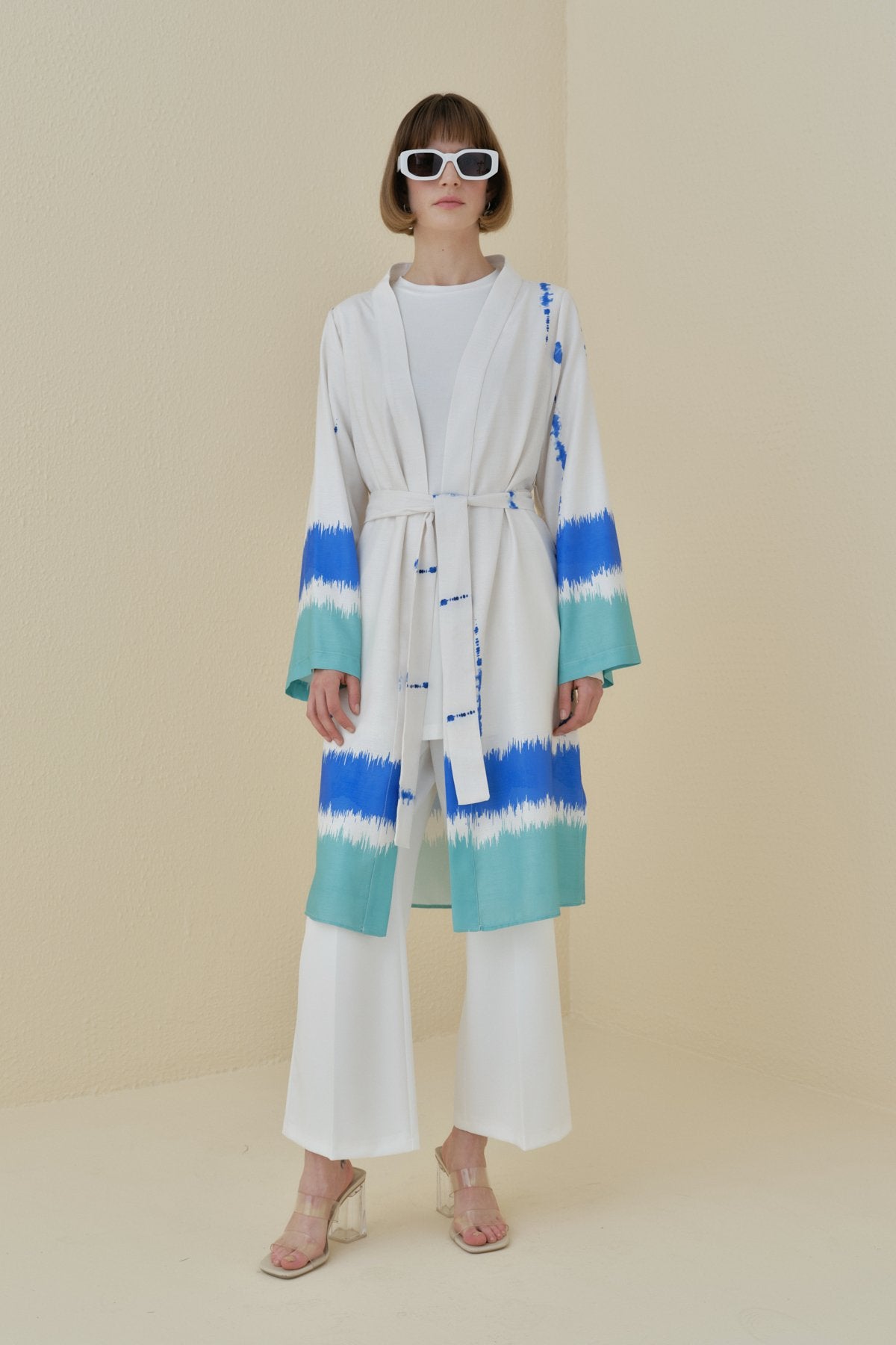Yırtmaçlı Kuşaklı Viskon Kimono - Mint