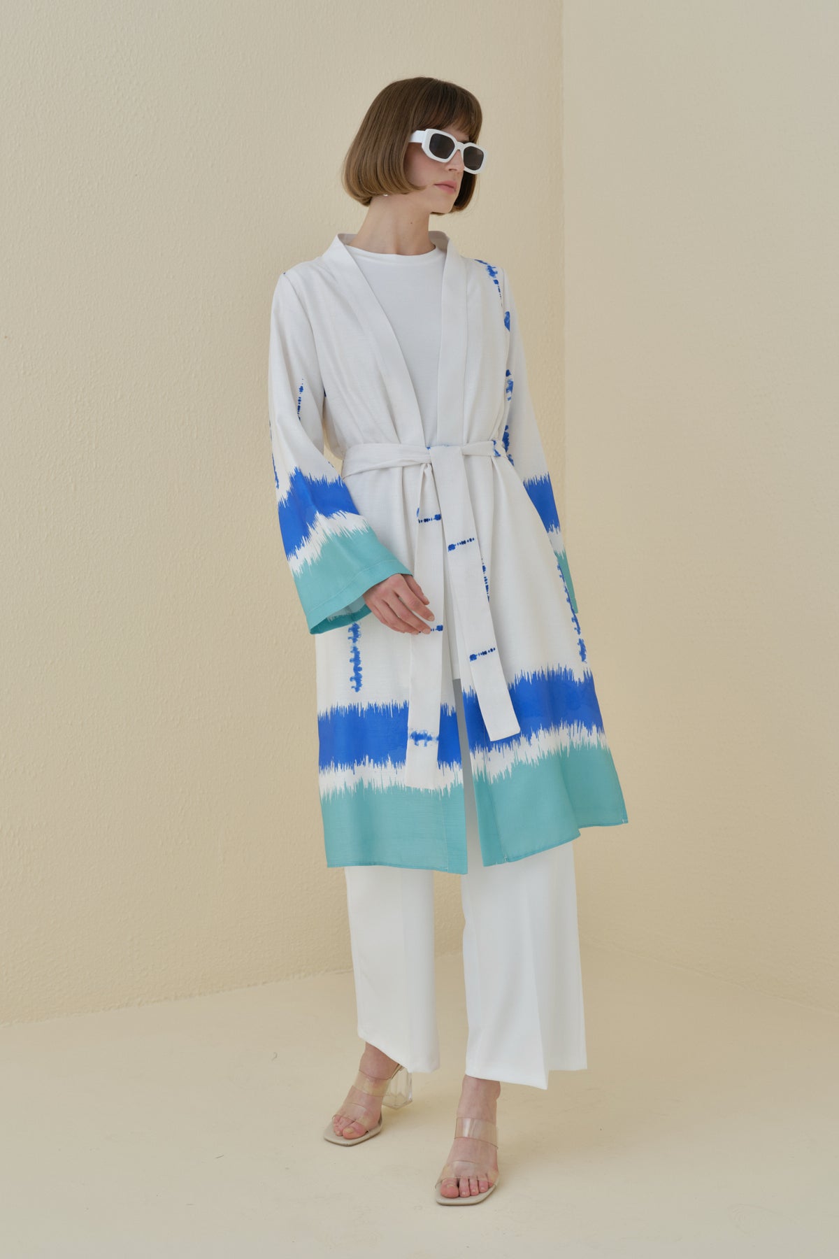 Yırtmaçlı Kuşaklı Viskon Kimono - Mint